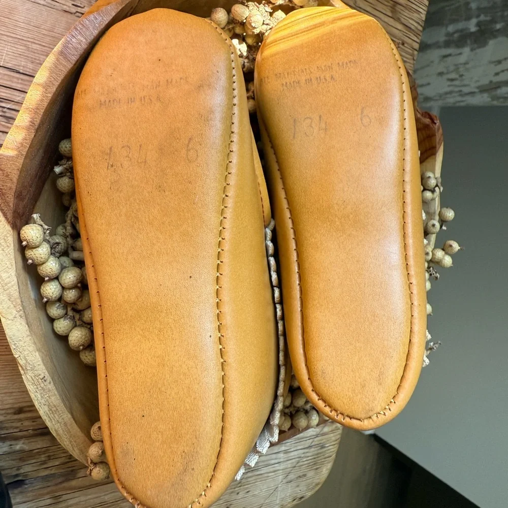 Vintage Handmade USA Kids Leather Tan Moccasins with Red Accents